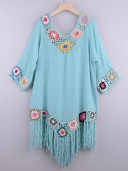 Three-quarter sleeve chain link flower splicing irregular tassel anti-sun blouse ethnic style dress - 808Lush