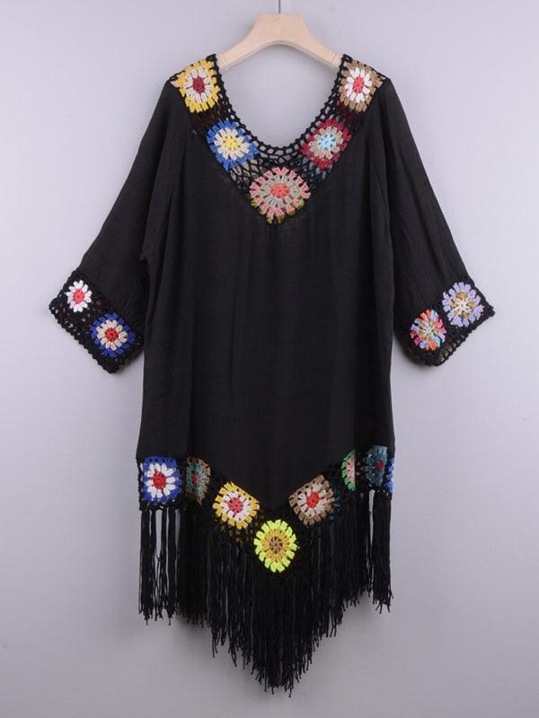 Three-quarter sleeve chain link flower splicing irregular tassel anti-sun blouse ethnic style dress - 808Lush