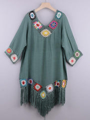 Three-quarter sleeve chain link flower splicing irregular tassel anti-sun blouse ethnic style dress - 808Lush