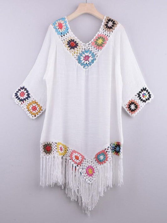 Three-quarter sleeve chain link flower splicing irregular tassel anti-sun blouse ethnic style dress - 808Lush