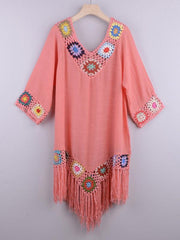 Three-quarter sleeve chain link flower splicing irregular tassel anti-sun blouse ethnic style dress - 808Lush