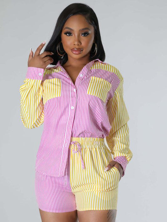 Women's striped color contrast shirt + shorts two-piece suit - 808Lush