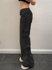 Women's Retro Style Irregular Large Pocket Wide Belt Design Cargo Trousers - 808Lush