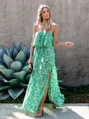 leaf print off-the-shoulder ruffled slit dress