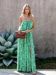 leaf print off-the-shoulder ruffled slit dress