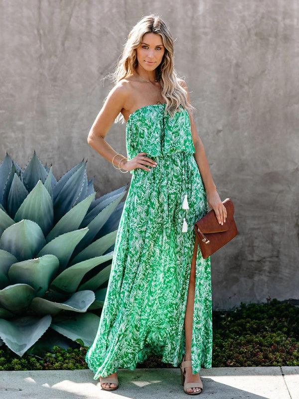 leaf print off-the-shoulder ruffled slit dress