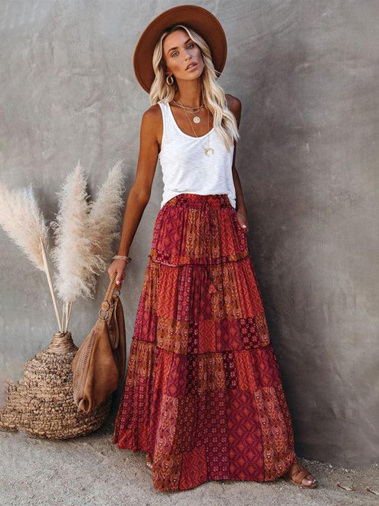 Bohemian style skirt European and American loose casual high waist long skirt - 808Lush