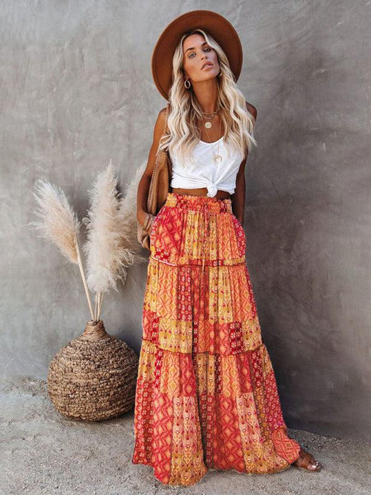 Bohemian style skirt European and American loose casual high waist long skirt - 808Lush