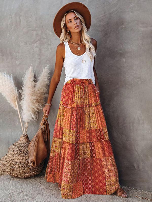 Bohemian style skirt European and American loose casual high waist long skirt - 808Lush