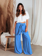 Women's Solid Color Drawstring Knot Wide Leg Trousers - 808Lush