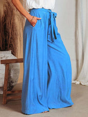 Women's Solid Color Drawstring Knot Wide Leg Trousers - 808Lush