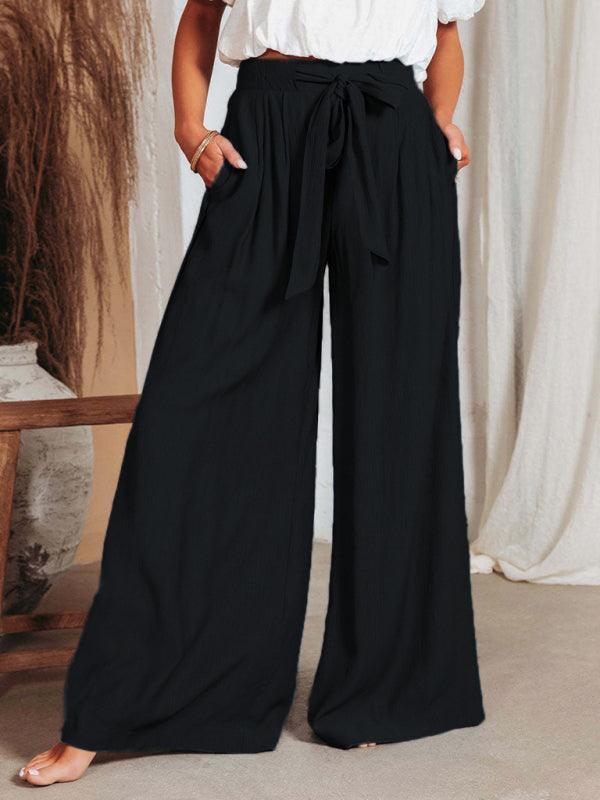 Women's Solid Color Drawstring Knot Wide Leg Trousers - 808Lush