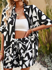 Women's Casual Fashion Abstract Irregular Printing Short Sleeve Shorts Two-Piece Set - 808Lush