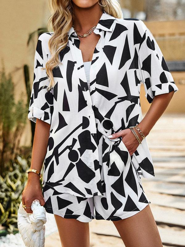 Women's Casual Fashion Abstract Irregular Printing Short Sleeve Shorts Two-Piece Set - 808Lush