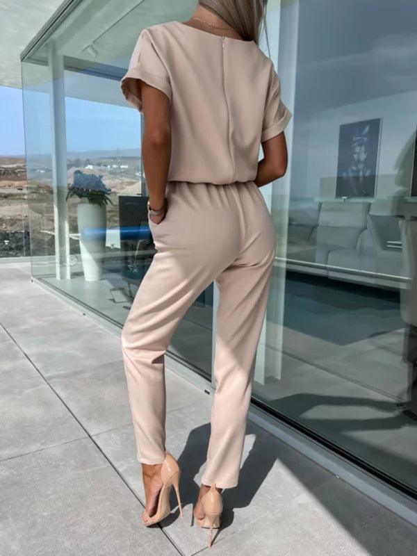 Short-sleeved V-neck slip pocket elastic waist tie-up pencil pants cropped jumpsuit - 808Lush