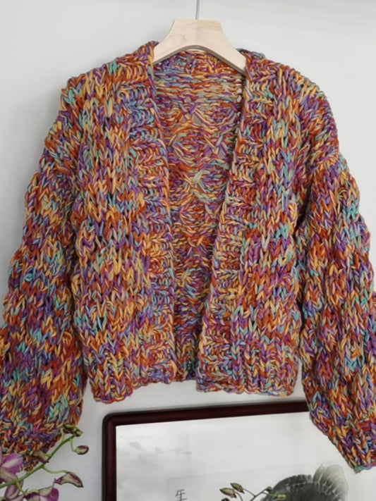 Stylish Casual Rainbow Knit Lantern Sleeve Knit Cardigan