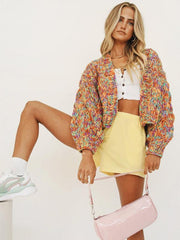 Stylish Casual Rainbow Knit Lantern Sleeve Knit Cardigan