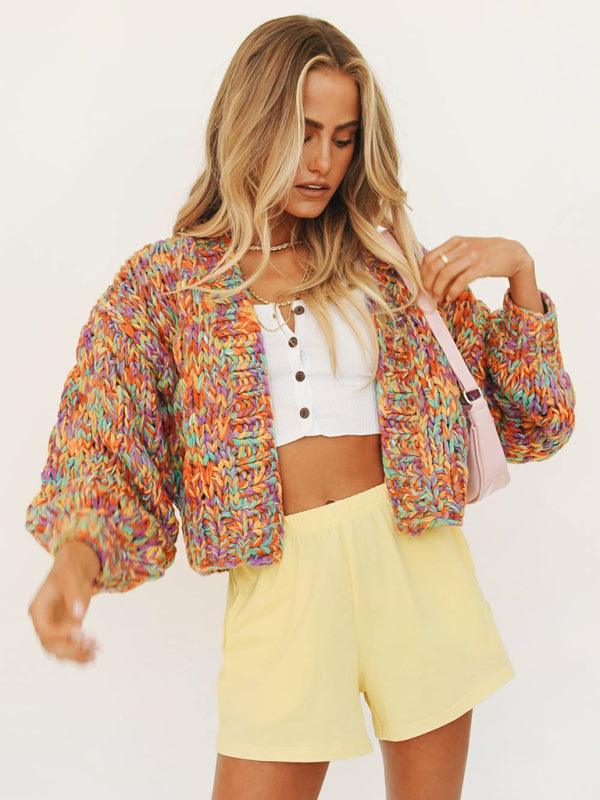 Stylish Casual Rainbow Knit Lantern Sleeve Knit Cardigan