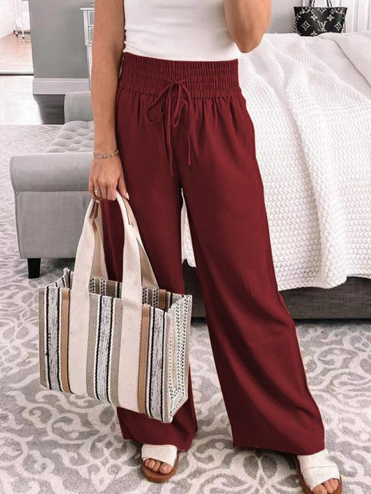 Loose Home Casual Trousers Mid-Waist Solid Color Lace-Up Wide-Leg Pants - 808Lush