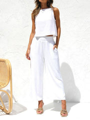 Women's casual sleeveless button-down vest cropped wide-leg pants cotton and linen suit