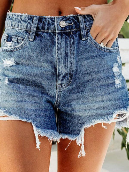 Comfortable denim shorts with frayed tassels and holes - 808Lush