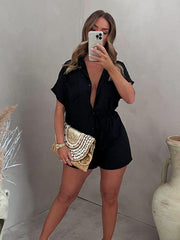 Fashion Casual Solid Color Single Breasted Sleeve Shirt Elastic Waist Shorts Two-Piece Set - 808Lush