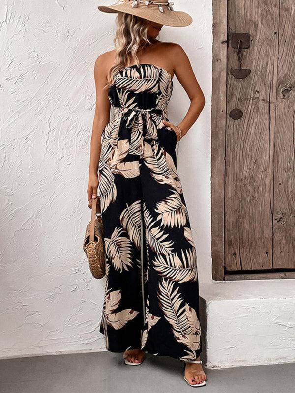 fashion women's plant leaf print tube top jumpsuit - 808Lush