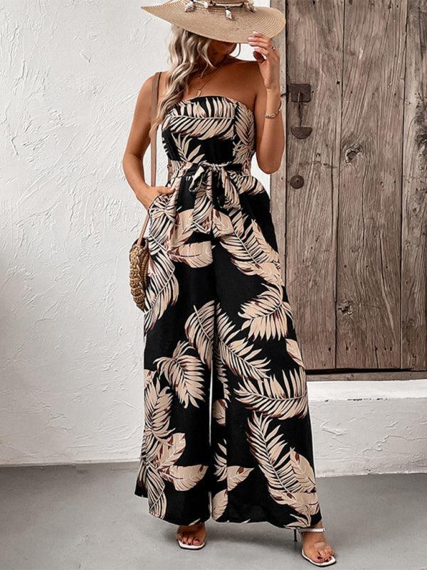 fashion women's plant leaf print tube top jumpsuit - 808Lush