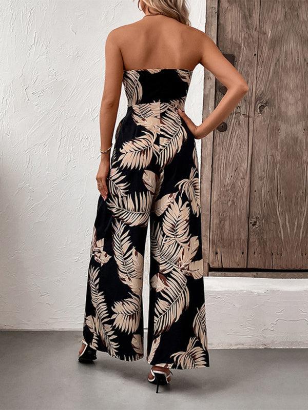 fashion women's plant leaf print tube top jumpsuit - 808Lush