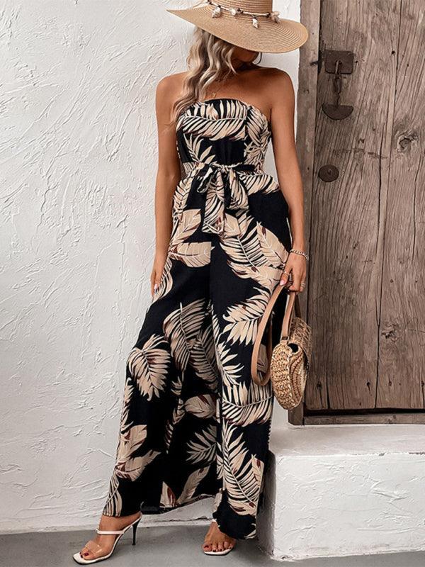 fashion women's plant leaf print tube top jumpsuit - 808Lush