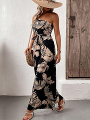 fashion women's plant leaf print tube top jumpsuit - 808Lush