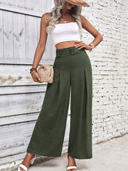 women's summer high waist wide leg casual pants with belt - 808Lush