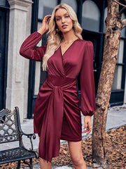 Casual V-neck tie waist long sleeve sexy dress