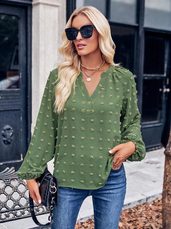 Women's jacquard V-neck long-sleeved V-neck loose top - 808Lush