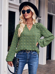 Women's jacquard V-neck long-sleeved V-neck loose top - 808Lush