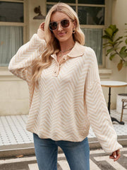 Women's Fashion Striped Knit Long Sleeve Colorblock Lapel Sweater - 808Lush