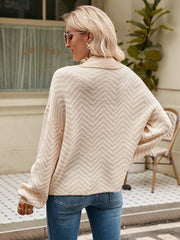 Women's Fashion Striped Knit Long Sleeve Colorblock Lapel Sweater - 808Lush