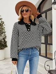 Women's Fashion Striped Knit Long Sleeve Colorblock Lapel Sweater - 808Lush