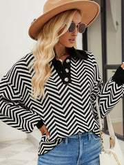 Women's Fashion Striped Knit Long Sleeve Colorblock Lapel Sweater - 808Lush