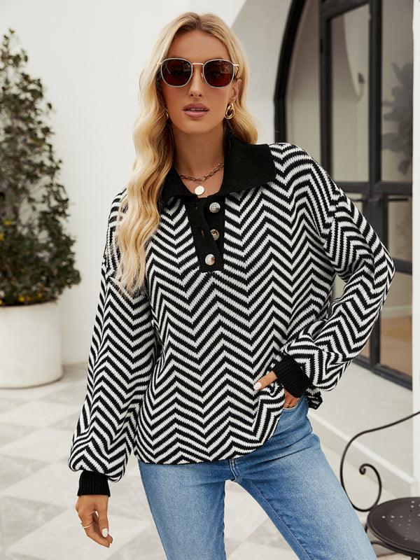 Women's Fashion Striped Knit Long Sleeve Colorblock Lapel Sweater - 808Lush