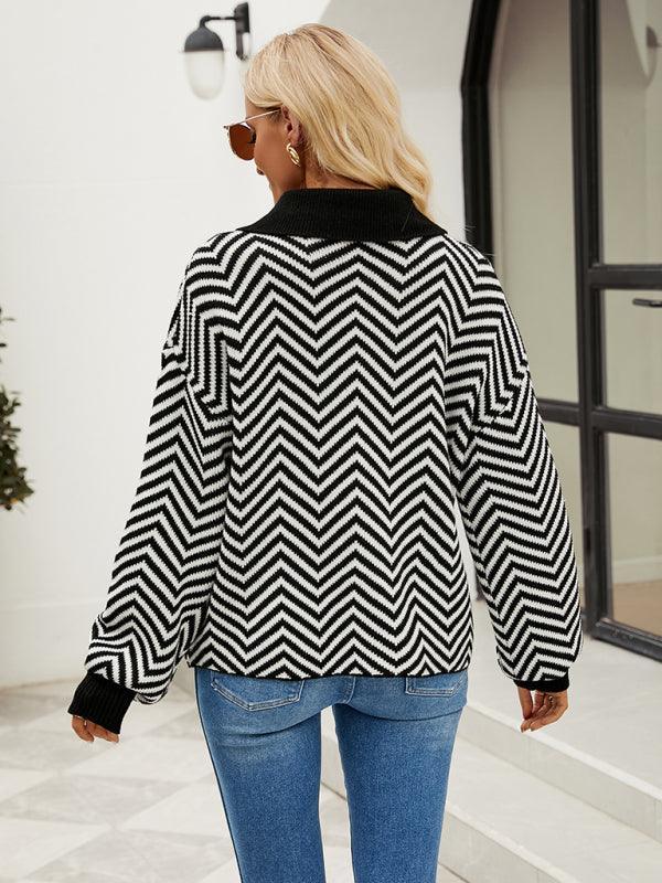 Women's Fashion Striped Knit Long Sleeve Colorblock Lapel Sweater - 808Lush