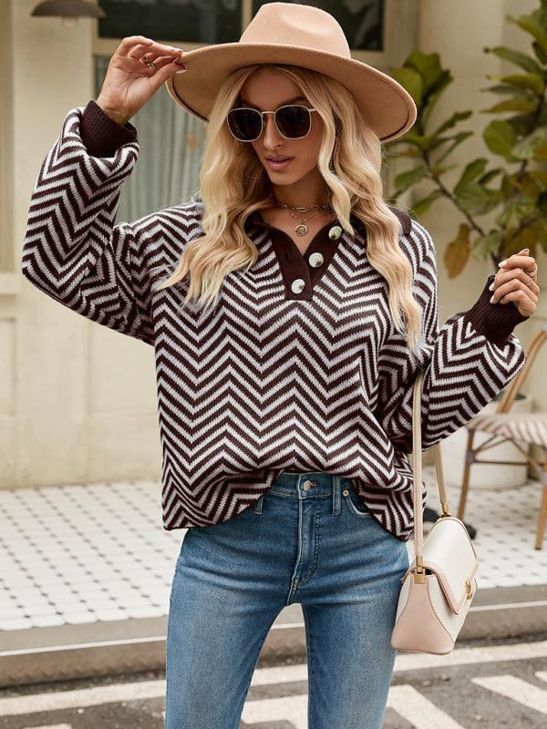 Women's Fashion Striped Knit Long Sleeve Colorblock Lapel Sweater - 808Lush