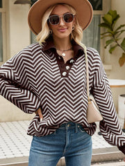 Women's Fashion Striped Knit Long Sleeve Colorblock Lapel Sweater - 808Lush