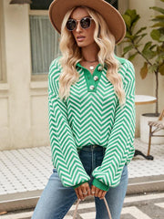 Women's Fashion Striped Knit Long Sleeve Colorblock Lapel Sweater - 808Lush