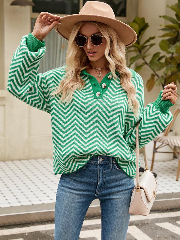 Women's Fashion Striped Knit Long Sleeve Colorblock Lapel Sweater - 808Lush