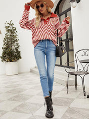 Women's Fashion Striped Knit Long Sleeve Colorblock Lapel Sweater - 808Lush