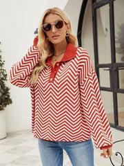 Women's Fashion Striped Knit Long Sleeve Colorblock Lapel Sweater - 808Lush