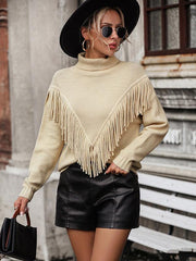 Women's Loose Fringed Sweater Knit Turtleneck Sweater - 808Lush