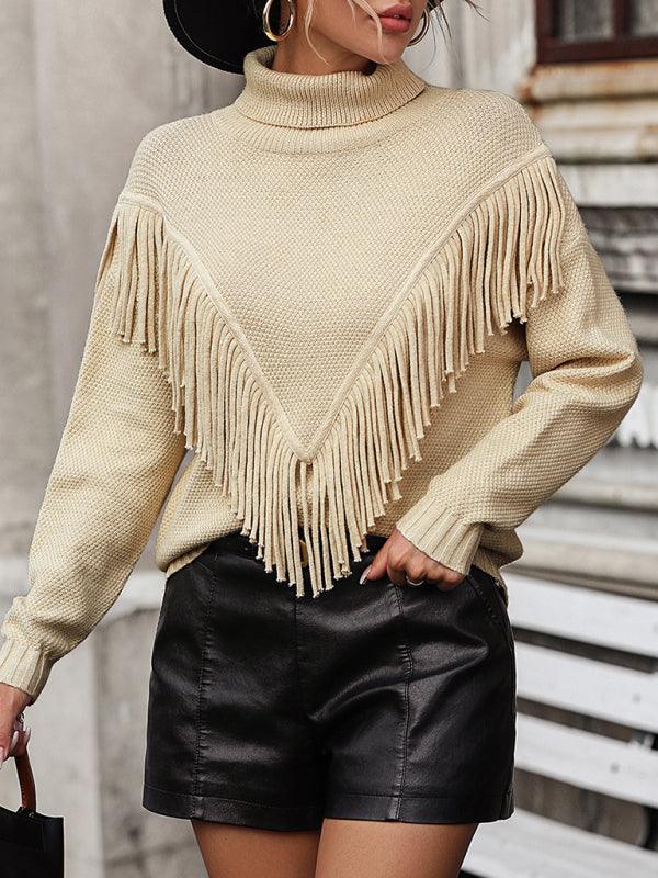 Women's Loose Fringed Sweater Knit Turtleneck Sweater - 808Lush