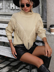 Women's Loose Fringed Sweater Knit Turtleneck Sweater - 808Lush